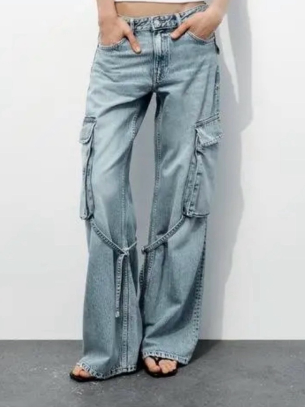 Zara Cargo Light Blue Wide-Leg Jeans with Denim Strap Details